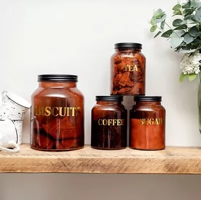 Buy Set Of Four Vintage Labelled Glass Storage Jars In Amber Gold • 20£