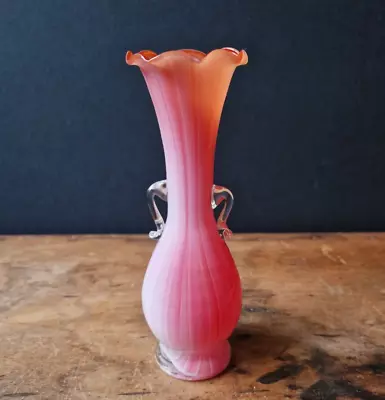 Buy Vintage Peach / Pink Candy Art Glass Ruffle Top Vase - Handblown Venetian • 19.99£