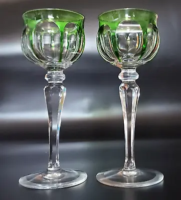 Buy (2) Moser Crystal Wine Hock Glass Green Cut To Clear • 120.92£