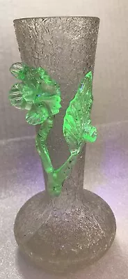 Buy Bohemian Blown Crackle Glass Vase With Green Vaseline Glass Flower Art. Ht 7in • 143.86£