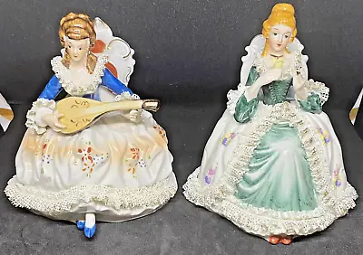 Buy VINTAGE DRESDEN STYLE PORCELAIN LACE FIGURINES SEATED Inc Stands • 29.99£