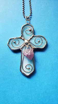 Buy Blue Turquoise Stained Glass Cross Suncatcher W Amethyst Charm  Car Charm  NEW • 9.46£