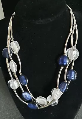 Buy Pretty M&s Silver Tube. Clear And Navy Blue Glass Treble Strand Beaded Necklace • 6.99£