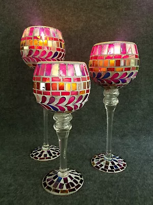 Buy Set Of 3 Tall Footed Fuchsia Glass Mosaic Candle Votives, 12 , 14 , And 16  Tall • 34.14£