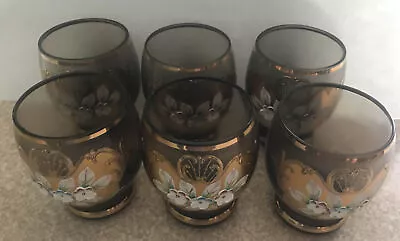 Buy 6 Bohemian AMETHYST GOLD Hand Painted FLORAL BRANDY SNIFTERS Glasses • 46.55£