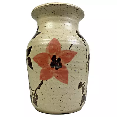 Buy Studio Pottery Wheel Thrown Bouquet Vase Hand Painted Pink Flower Oatmeal Glaze • 8.99£