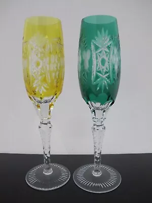 Buy BOHEMIAN Vintage Green & Yellow Cut Crystal CHAMPAGNE Flute Glass Set • 89.99£