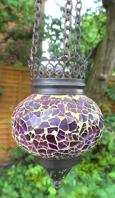 Buy Genuine Vintage Moroccan Hanging Glass Lantern Purple Crackle Garden Tealight • 35£