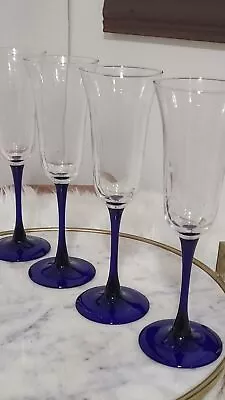 Buy 4 French Cristal D'Arques Durand Blue Cobalt 8.75  Champagne Glasses • 38.91£