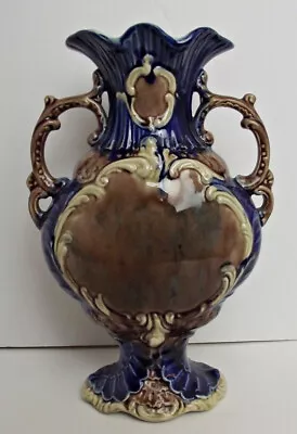 Buy WONDERFUL Vtg 10  Majolica Handled Vase Cobalt Blue & Brown • 46.78£