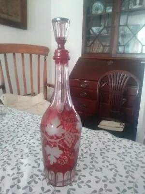 Buy Cranberry Glass Decanter Etched With Vine Leaves C1900? Damage To Rim  • 12.50£