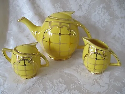 Buy Vintage Art Deco ARTHUR WOOD Teapot & Creamer Sugar Gold & Yellow #4208 England • 56.89£
