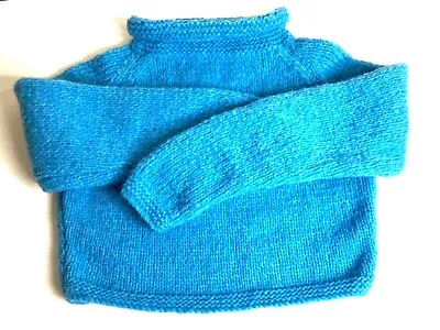 Buy Unisex Designer Sea Blue  Cornish Cropped Sweater Hand Knitted Size 8 • 120£