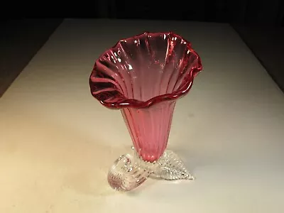 Buy VTG Cranberry Glass Horn Of Plenty Cornucopia Ribbed Vase On Clear 3 Footed Base • 17.35£