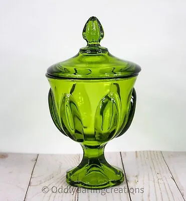 Buy Vintage Lime Green L.E. Smith Glass Compote 6 Petal Design - Simplicity Pattern • 43.22£