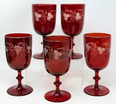 Buy SET Of 5 Czech CRANBERRY /Ruby Red Long Stem CUT- CLEAR Grape WINE GLASSES • 45.62£