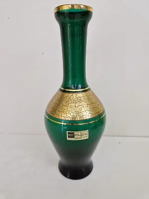 Buy GERMAN BARTHMANN CRYSTAL   ~EMERALD & CRACKLED GOLD~ Mid Century  Glass Vase • 25£