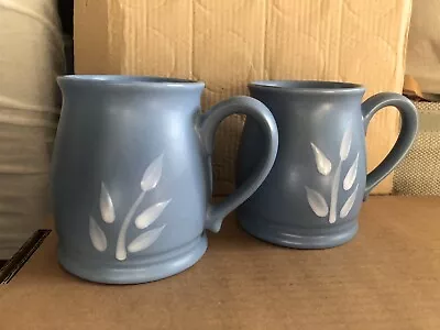 Buy Pair Rare Blue Stoneware Handpainted Tankard Mug Leaves Possibly Denby Langley • 9.50£