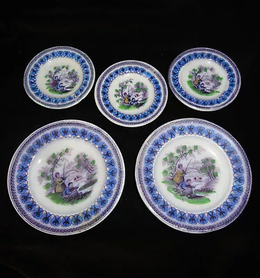 Buy Staffordshire Childs Toy 5pc Dinner Set 1850 FISHERS Fishing Cow Mulberry Purple • 47.44£
