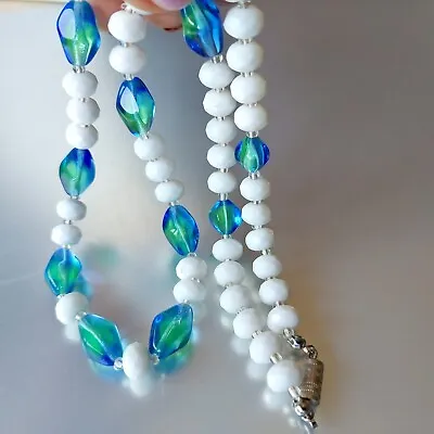 Buy Uranium Glass Necklace 21'' Blue Vaseline Czech Beads Women`s Jewelry Style • 42.44£