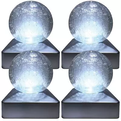Buy 4 X SOLAR DECK CAP POST LIGHTS OUTDOOR GARDEN CRACKLE GLASS BALL LIGHTS WHITE • 28.95£