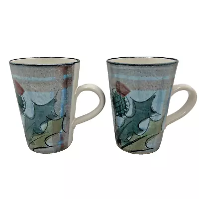 Buy The Tain Pottery Scottish Tartan And Thistle Design Blue Green Mugs X 2 VGC • 24.99£
