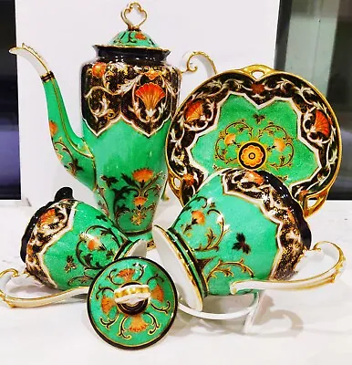 Buy EXQUISITE HAND PAINTED AND GILDED NORITAKE COFFEE SET EMERALD GREEN 1930's • 125£