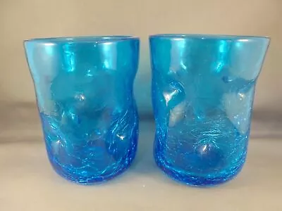 Buy Pair Blenko Glass Turquoise Blue Crackle Pinch Tumblers 4 3/8  Excellent • 33.20£