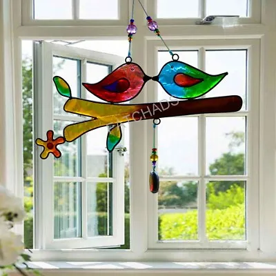 Buy Suncatcher Hanging Colourful Stained Glass Love Birds Wind Chime Garden Decor • 13.95£