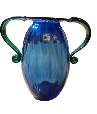 Buy Vtg BLENKO Signed Sassy Double Handled Cobalt Blue & Green Vase • 89.92£