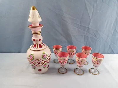 Buy Bohemian White Overlay Cut To Red Glass Painted Wine Set Decanter & Goblets • 95.89£