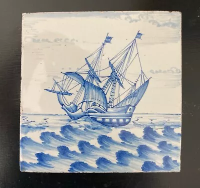 Buy Antique Delft C1800 Blue & White Sailing Ship Tile 6”sq • 50£