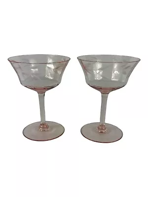 Buy Vintage  1930’s Pink Depression Champagne Stemware With Etched Flowers Set Of 2 • 47.90£