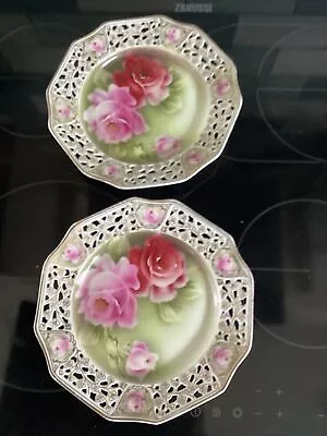 Buy Pair Of Vintage Bavarian Hand Painted Plates 20.5cm Reticulated Rims Rose  • 33£