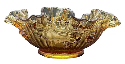 Buy VTG Fenton Amber Glass Ruffled/Thumbprint Edge 9 X3.5  Bowl Cabbage Rose Pattern • 19.25£