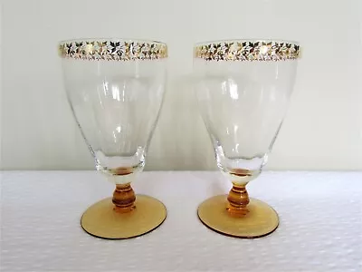Buy 2 MCM 1950’s Amber Stem & Gold Leaf Garland Design Fluted Drinking Glasses 250ml • 10£