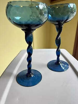 Buy Vintage 60's Pair  Empoli Blue Glass Swirl Optic Twist Vase Chalice Italy Murano • 91.27£