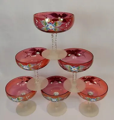 Buy 6 Sparkling Wine Bowls Glasses Stem Glass Wine Red Enamel Painting Bohemia Antique • 43.44£