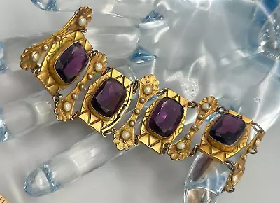Buy Art Deco Golden Amethyst Paste Enamel Pearl Glass Panel Bracelet FOR REPAIR • 19.64£