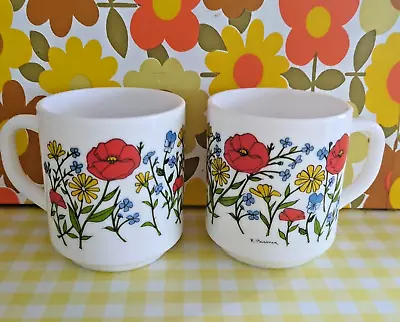 Buy Vintage Arcopal Red Poppies Yellow Wild Flowers Milk Glass Mug French 70s 80s • 6£