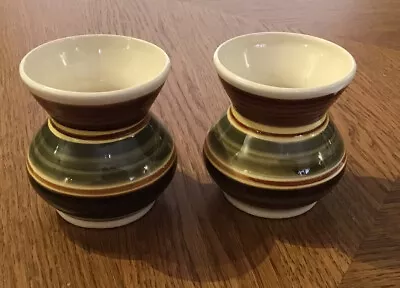 Buy Pair Of Welsh Dragon Pottery Rhayader Green, Brown & Yellow Banded Vases • 4.99£
