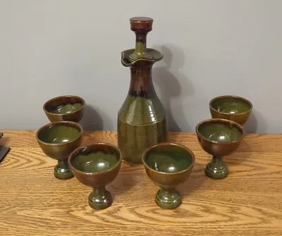 Buy Stunning Culloden Studio Pottery Decanter 6 Cups Goblets. Green Brown  • 32£