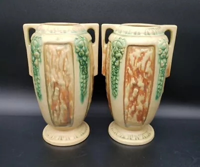 Buy 2 VTG Roseville Florentine Vase 8.5  American Art Pottery Ivory Double Handle    • 151.73£