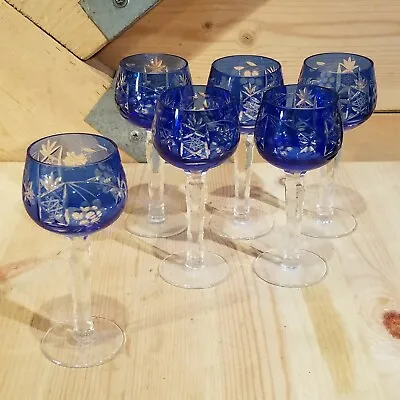 Buy Set Of 6 Bohemian Czech Cordial Glasses Cobalt Blue Crystal Etched - Swanky Barn • 167.83£