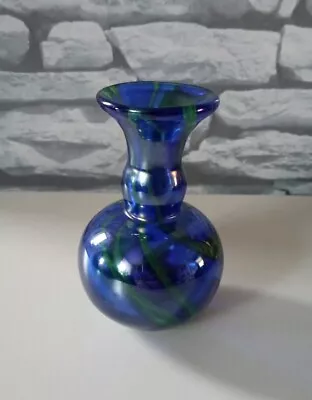 Buy Vintage Mtarfa Art Glass Vase Blue With Green & Pearlised Finish. • 15£