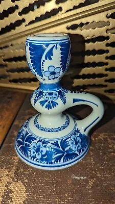Buy Vintage Delft Candlestick With Finger Loop Dutch Blue & White Pottery • 22£