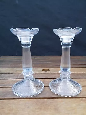 Buy Pair Vintage Tall Glass Candlesticks Column Moulded Dots On Base Petal Top • 24£