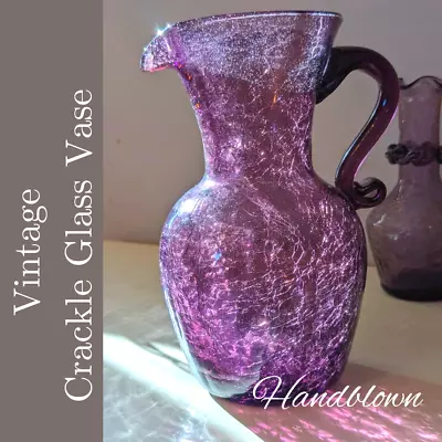 Buy VTG MCM Hand Blown Purple Amethyst Crackled Glass Pitcher Vase 7  Pristine  • 36.64£