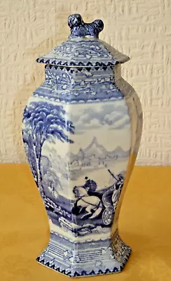 Buy Antique Blue & White Arcadian Chariots Octagonal Scenic Pottery Storage Jar • 10£