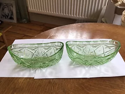 Buy 2 Vintage  Cut Green Depression Glass Boat Shaped Bowls/ Dishes • 12.50£